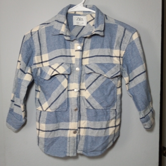 Sz 6-7 Zara Boys Flannel Shrit Blue Plaid Longsleeve Button Down Top - Picture 7 of 10